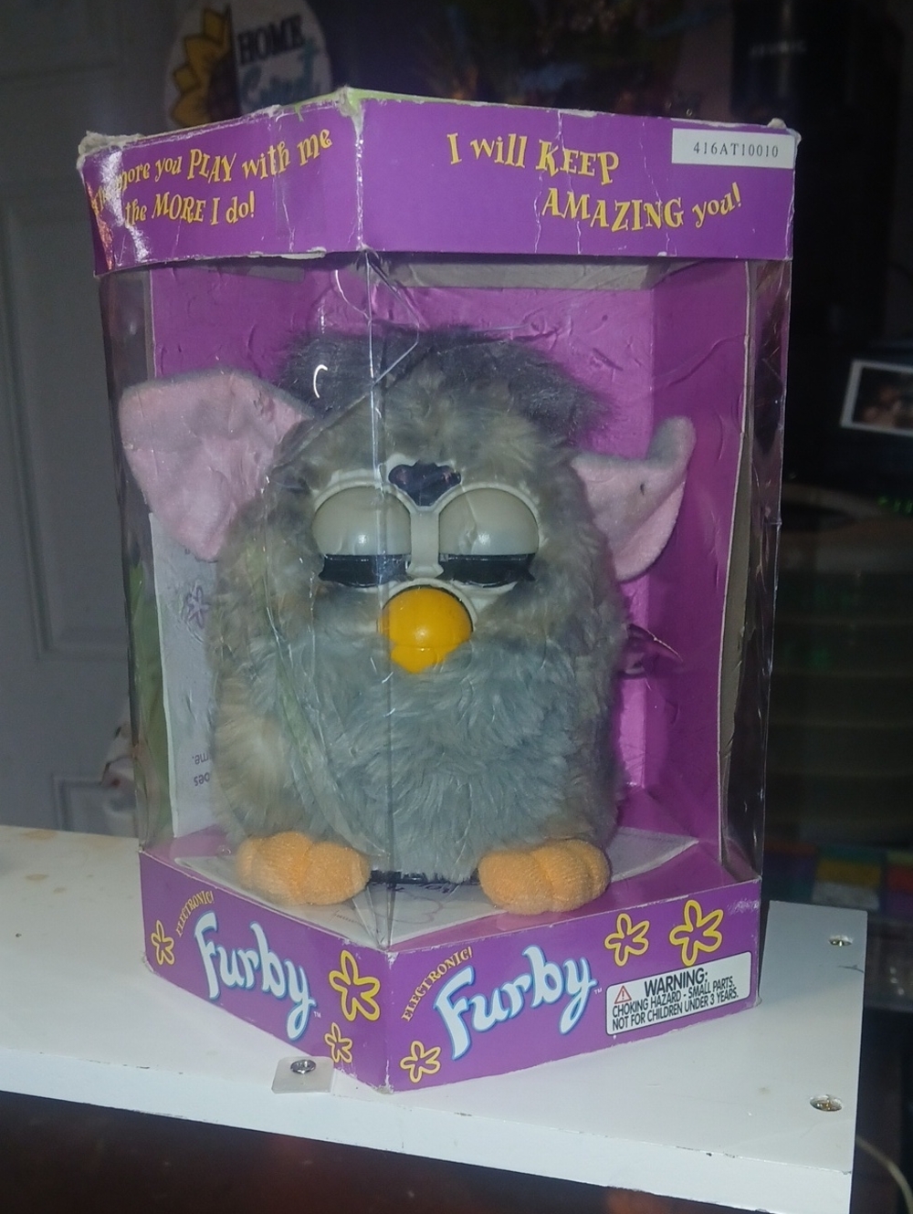 Vintage Furby Electronic Toy - Gray with Pink Ears & Orange Feet
